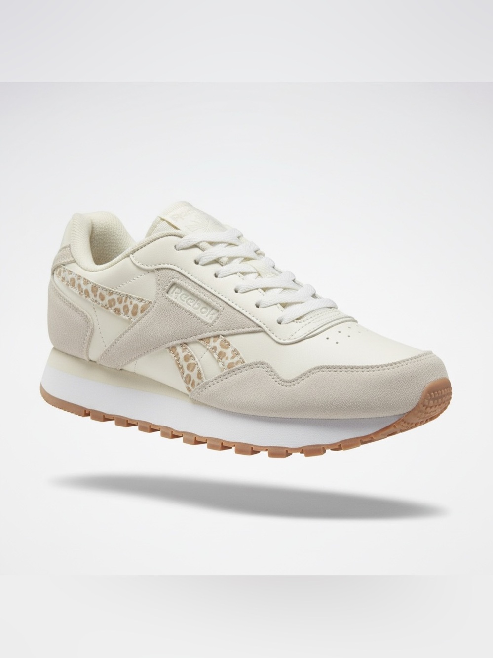 Reebok Women's Sneakers in White and Gray with Beige Leopard Accent Size 9